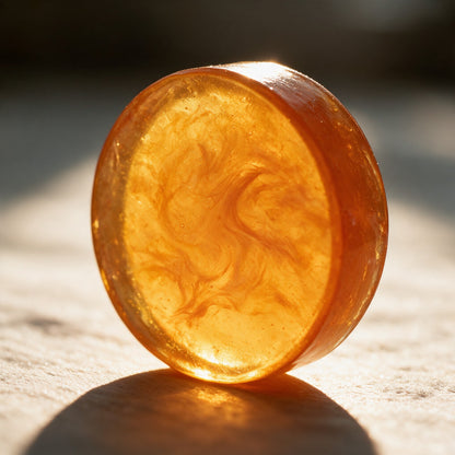 Gosho persimmon soap bar glowing in backlight, showing its translucency