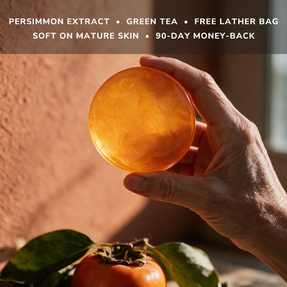 Gosho bar held to the light: persimmon extract, green tea, free lather bag, soft on mature skin, 90-day money-back