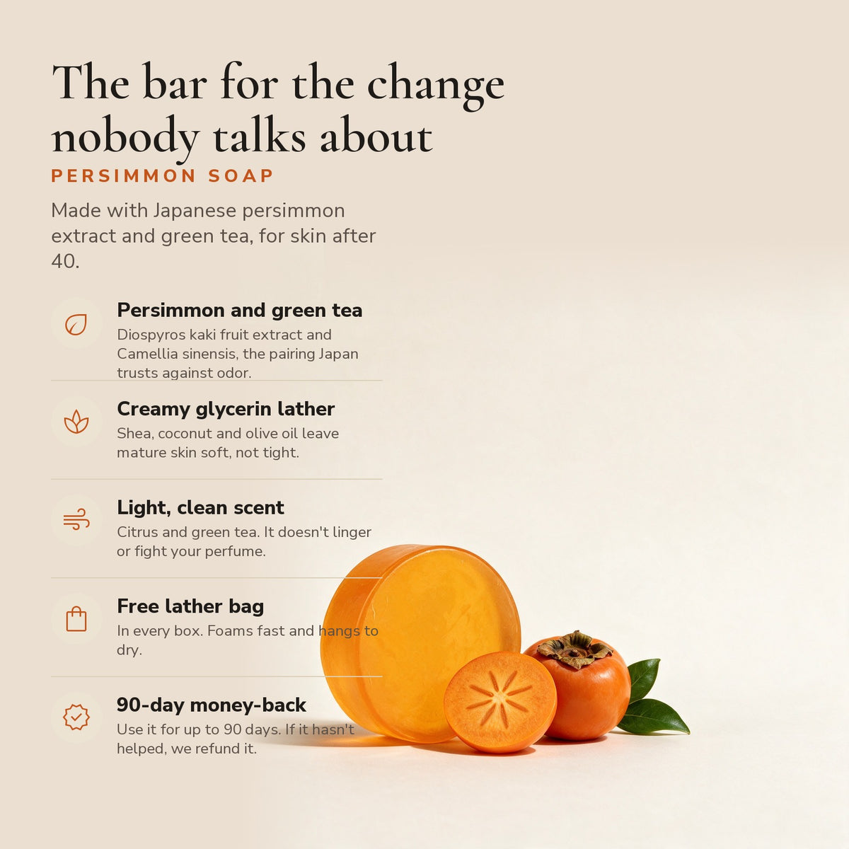 Gosho benefits: persimmon and green tea, creamy glycerin lather, light clean scent, free lather bag, 90-day money-back