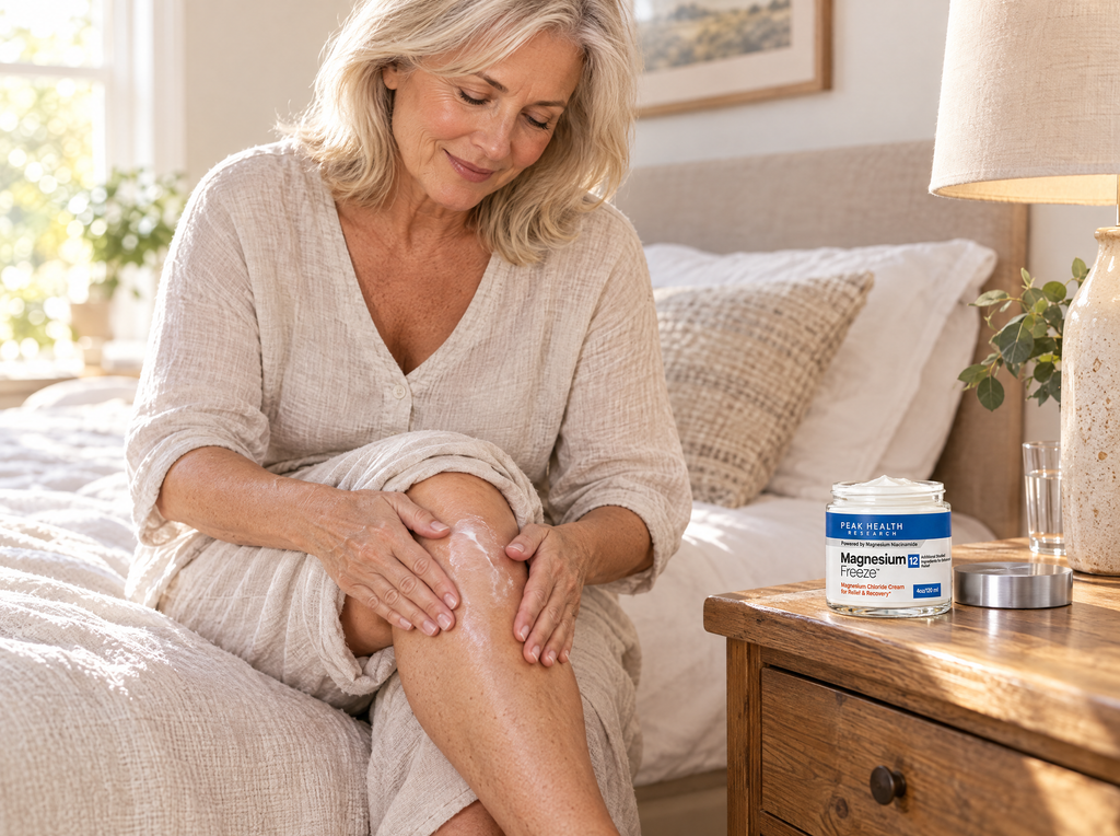 Woman applying Magnesium Freeze to her knee in the morning
