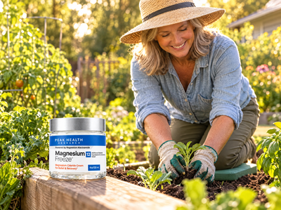Woman kneeling comfortably in her garden with MagnesiumFreeze nearby
