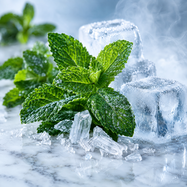 Peppermint leaves, menthol crystals and ice