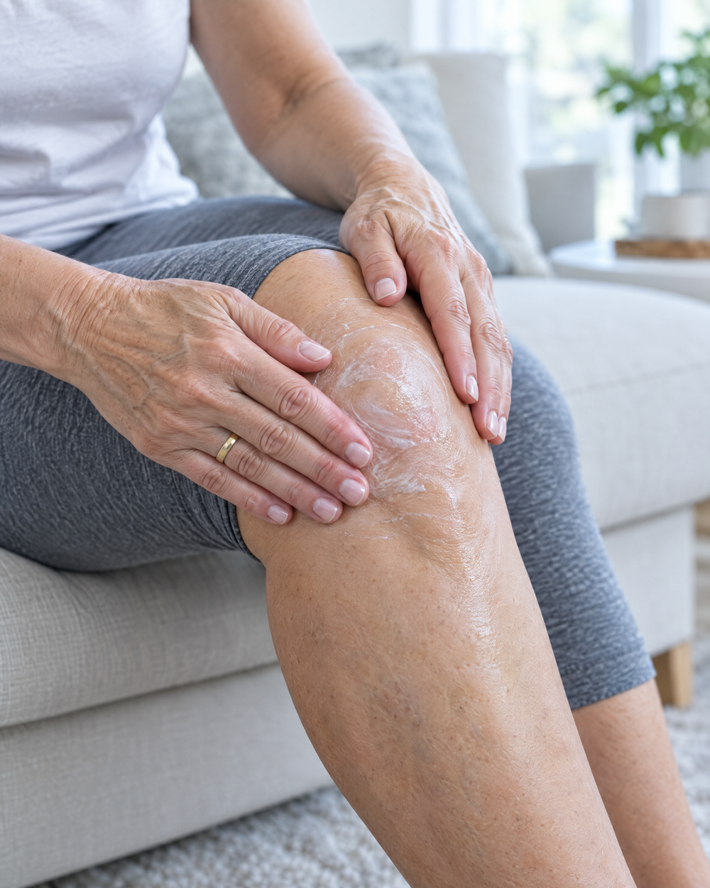 Close-up of cream being massaged into a knee
