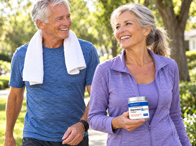 Active couple in their 60s on a morning walk holding MagnesiumFreeze